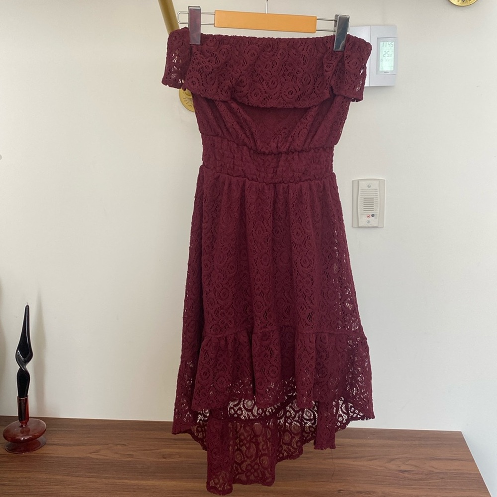 DYNAMITE - Burgundy Crochet Asymetric Midi Dress - XS